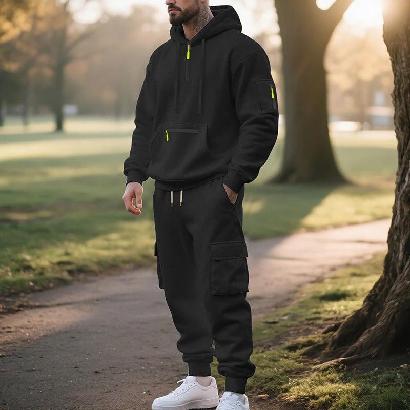 Men's Loose Sports And Leisure Suit Sweater Fleece-lined Hoodie Set Zipper Multi-Pocket Pullover Men's Sports Casual Top Two-piece Set