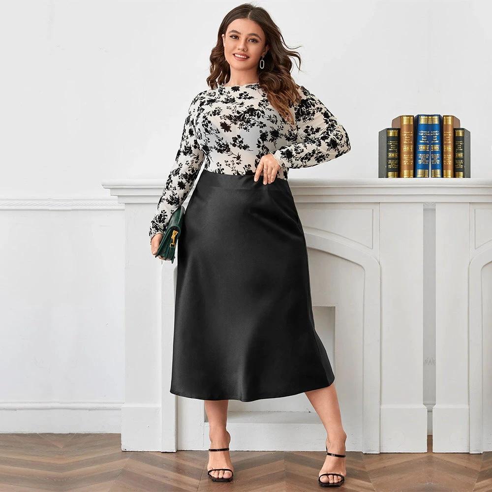 High Waist Zipper Large Hem Satin Satin Temperament Skirt