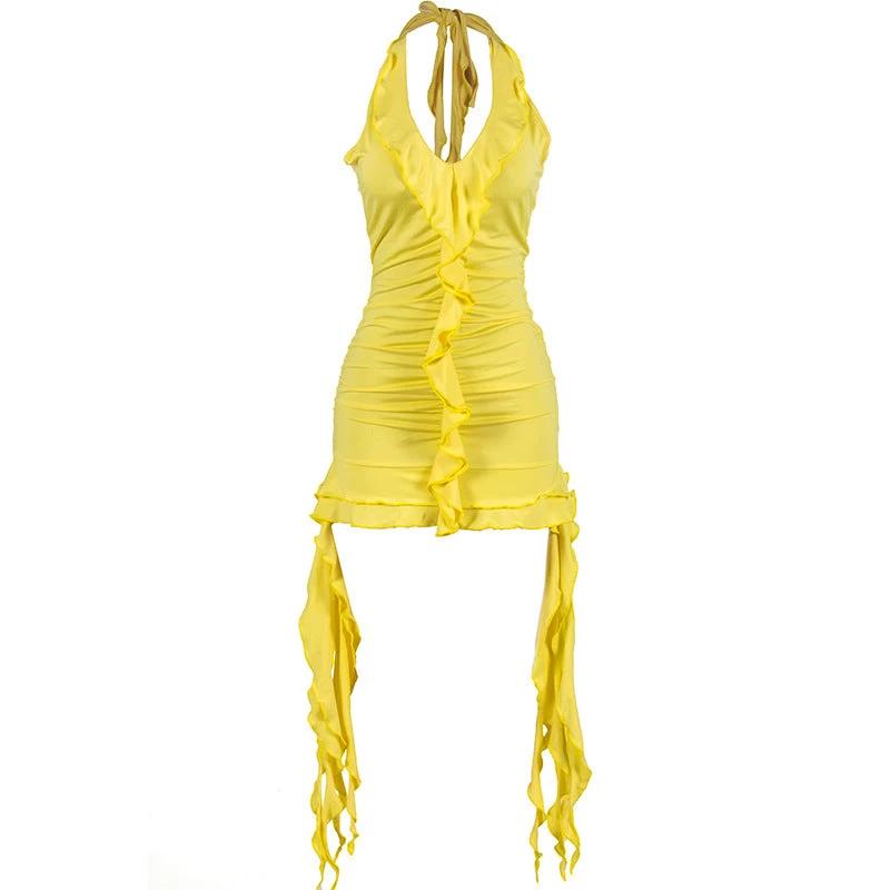 Low Necked Wooden Ear Edge Irregular Wrap Buttocks Short Dress