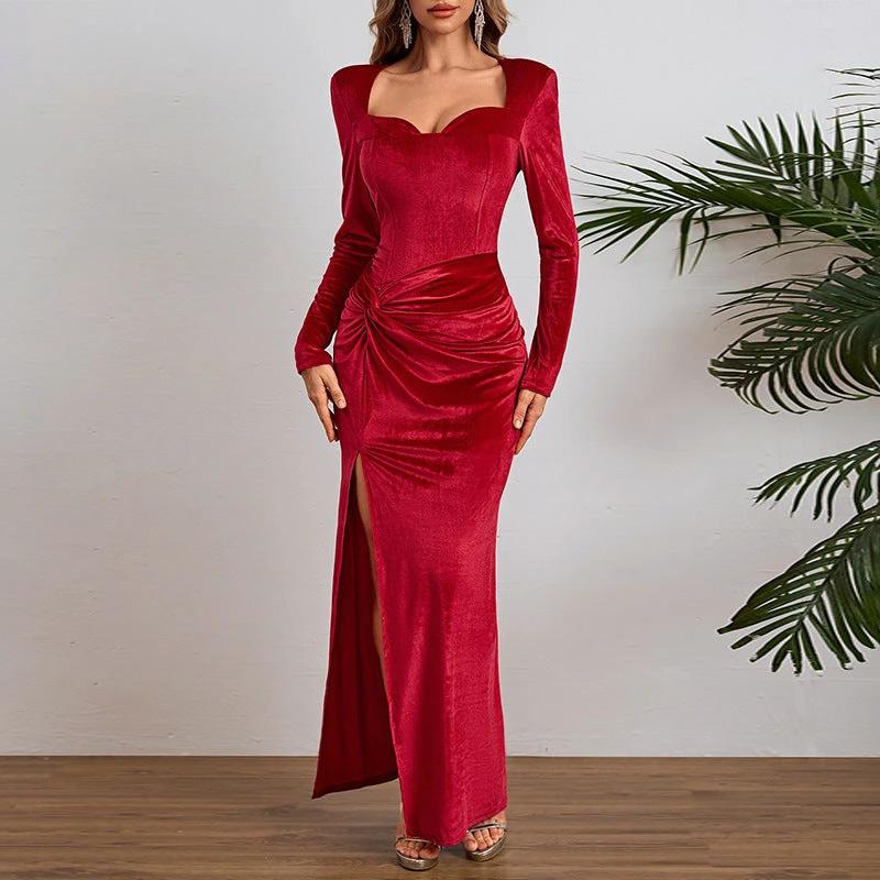 Socialite Style Elegant Long Sleeve Velvet Slit Formal Dress