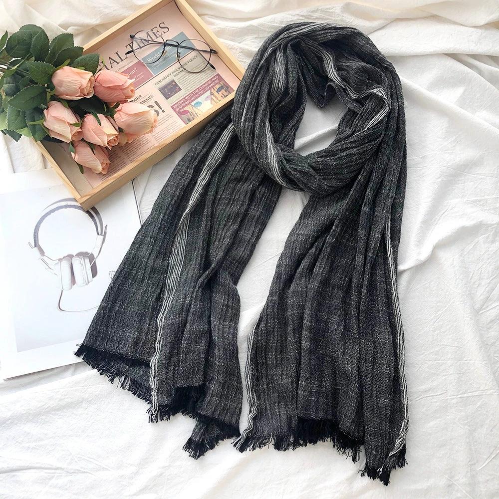 Thin Striped Solid Color Cotton And Linen Scarf