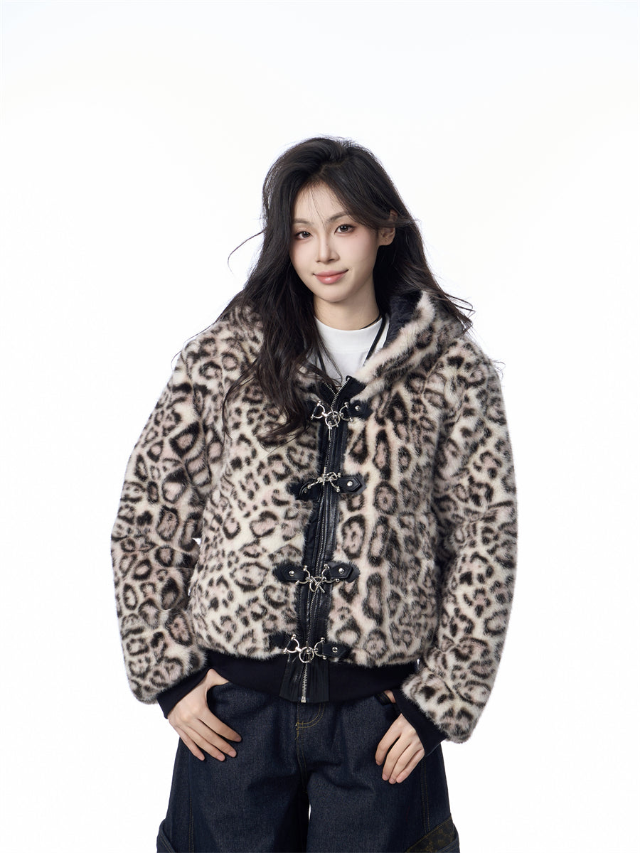 Hooded Jacket Women's Loose Thick Leopard Print Full Print Design Street Coat