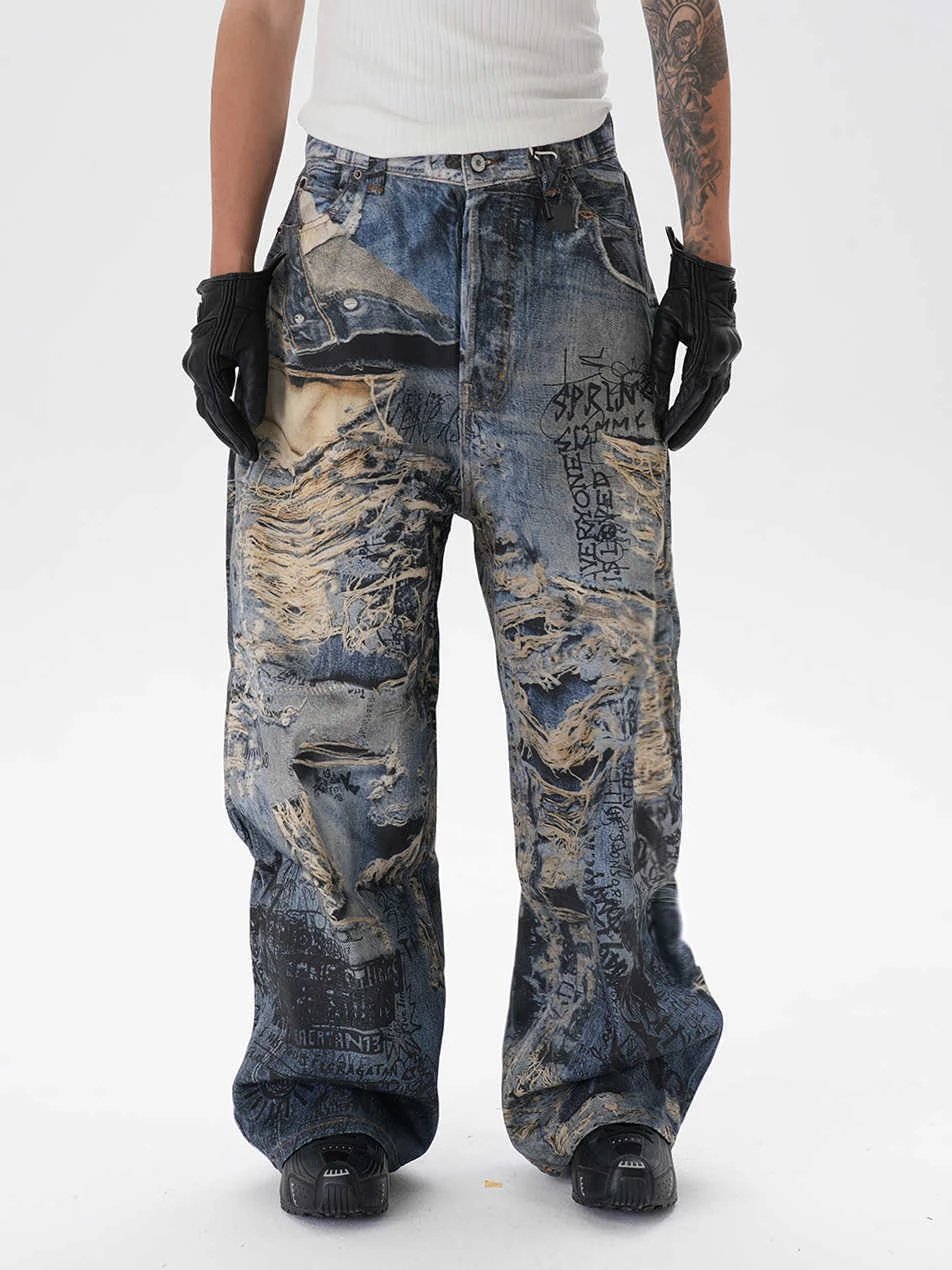 Men's Ripped Graffiti Straight Jeans