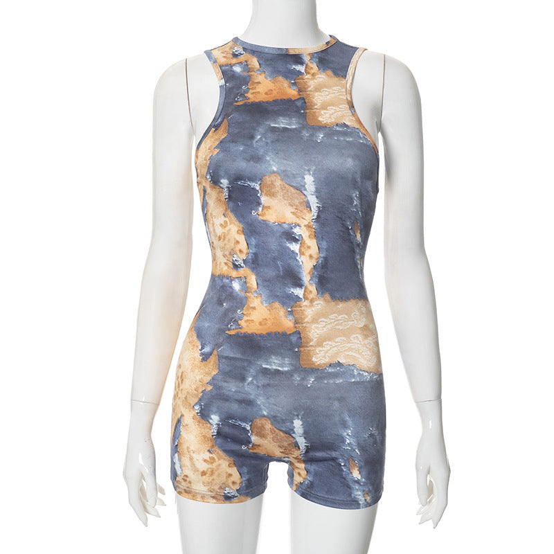 Painted Print Slim Fit Backless One-piece Shorts For Women