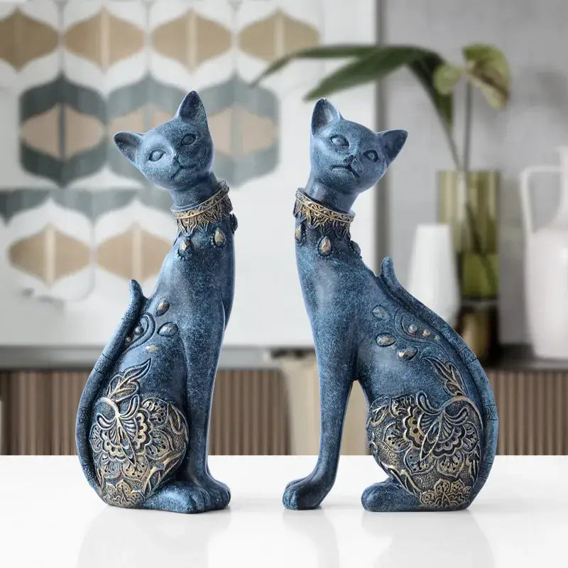 Elegant blue and gold decorbites cat statue living room decor