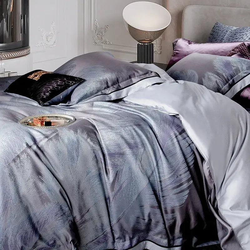 Elegant feather gray 1500tc egyptian cotton silk bedding set bedroom