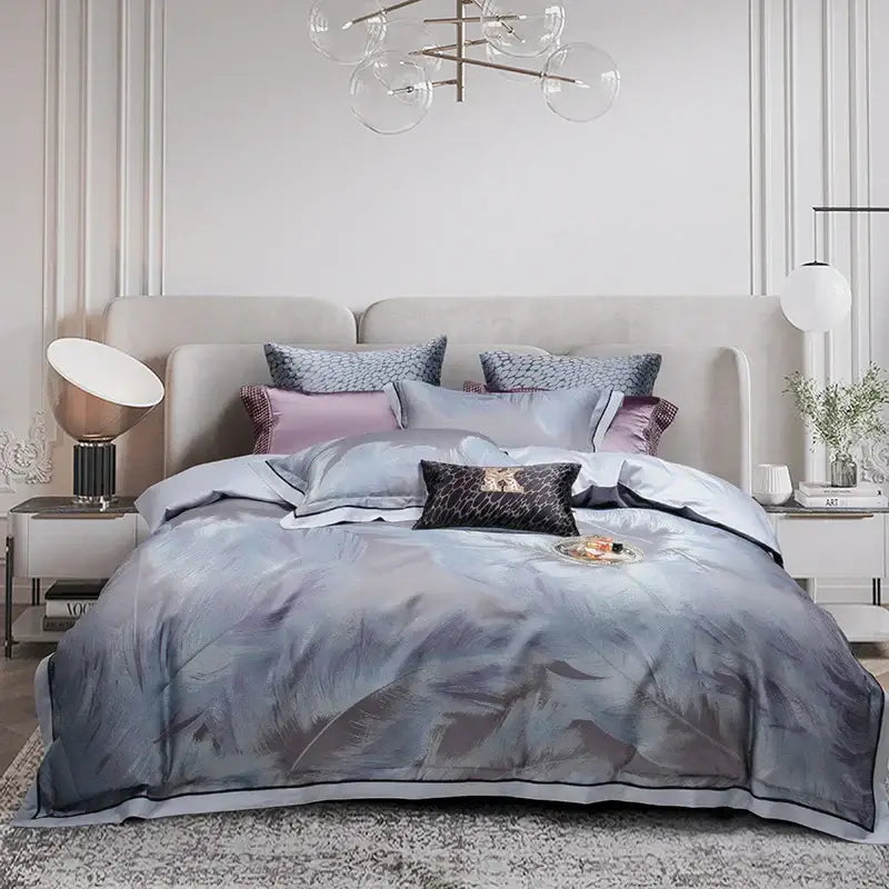 Elegant feather gray 1500tc egyptian cotton silk bedding set bedroom