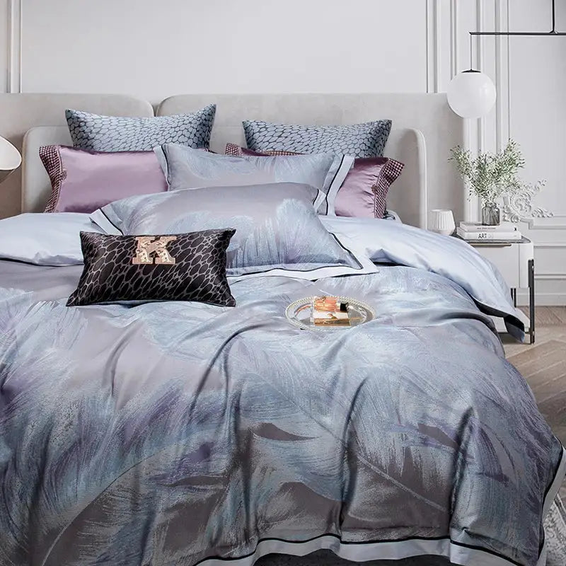 Elegant feather gray 1500tc egyptian cotton silk bedding set bedroom
