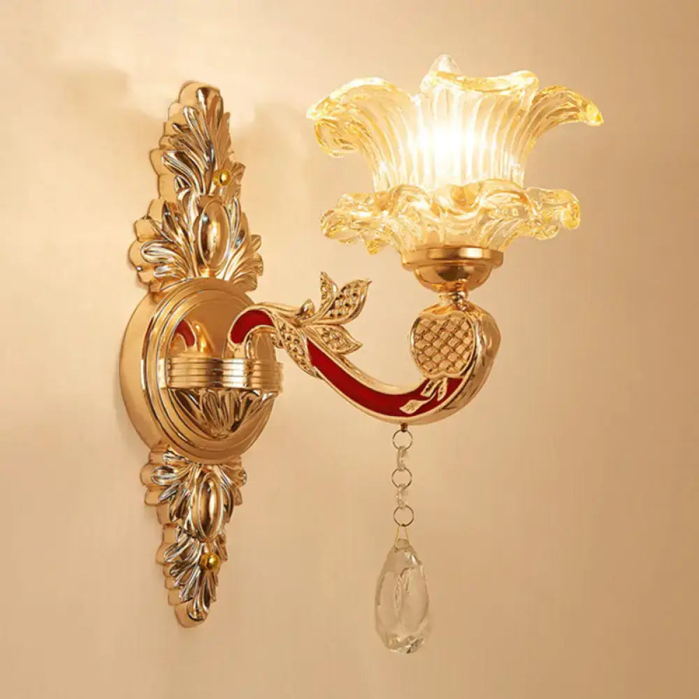 Elegant gold scrolled arm wall mount sconce bedroom crystal light