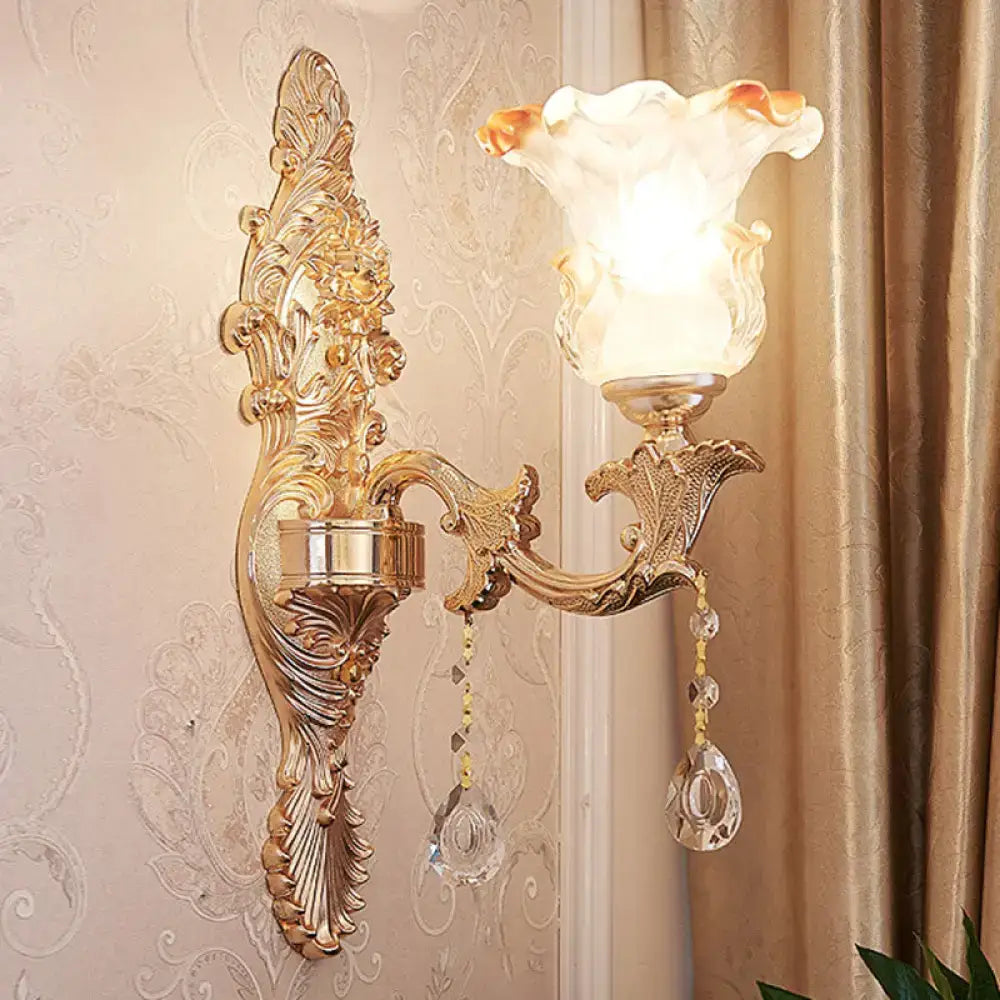 Elegant gold scrolled arm wall mount sconce bedroom crystal light