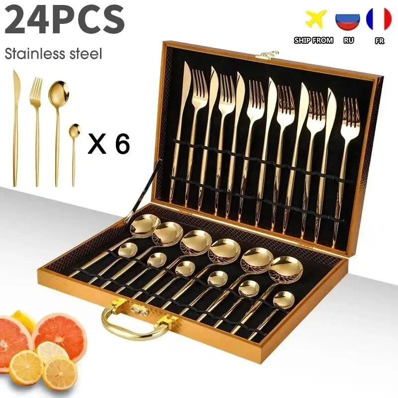 DecorBites™ 24-Piece Gold Stainless Steel Cutlery Set - Elegant Tableware Gift Box