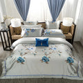 Elegant ivory & royal blue 200s embroidery egyptian cotton bedding set