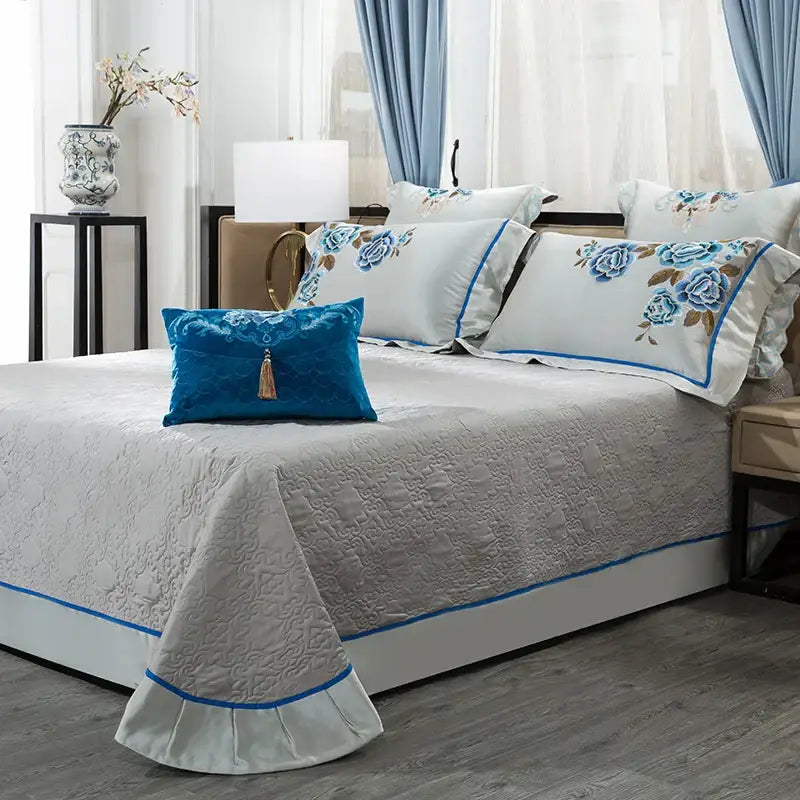 Elegant ivory & royal blue 200s embroidery egyptian cotton bedding set
