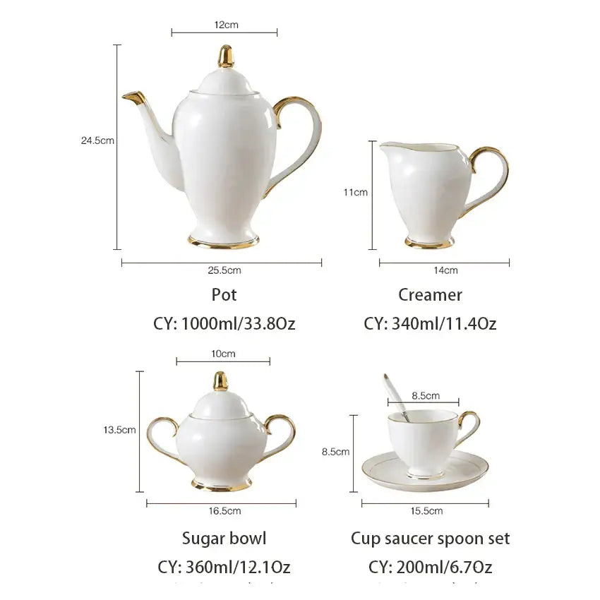 DecorBites™ Bone China Coffee Set White Gold Porcelain Tea Set Advanced Pot Cup