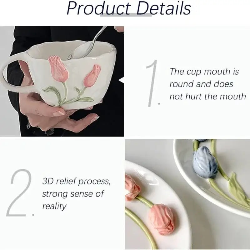 Embossed tulip ceramic cup and saucer set dining room kitchen decor