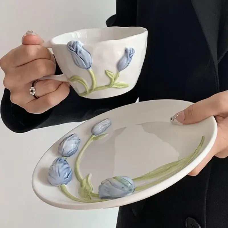 Embossed tulip ceramic cup and saucer set dining room kitchen decor