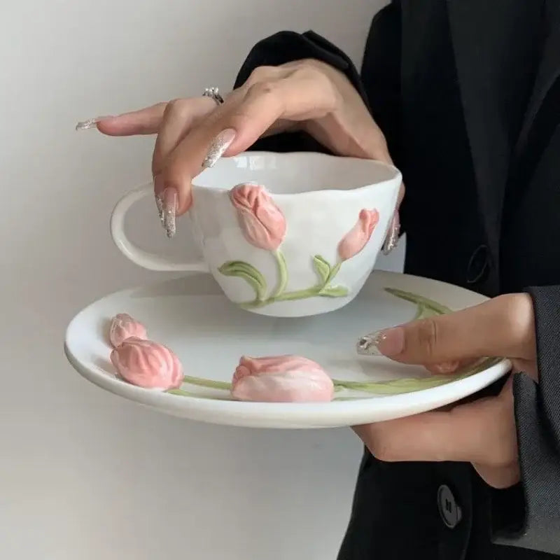 Embossed tulip ceramic cup and saucer set dining room kitchen decor