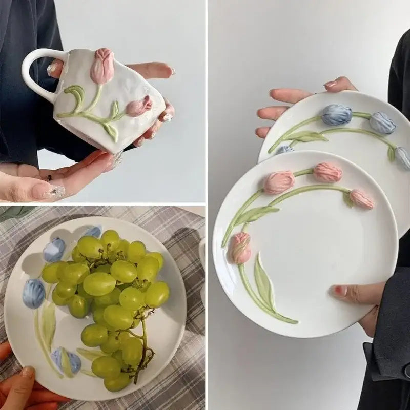 Embossed tulip ceramic cup and saucer set dining room kitchen decor