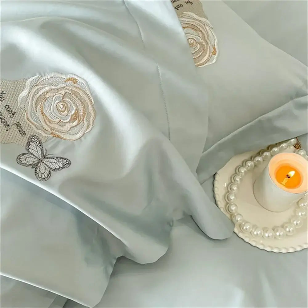 Embroidered blue butterfly flower egyptian cotton duvet cover set bedroom