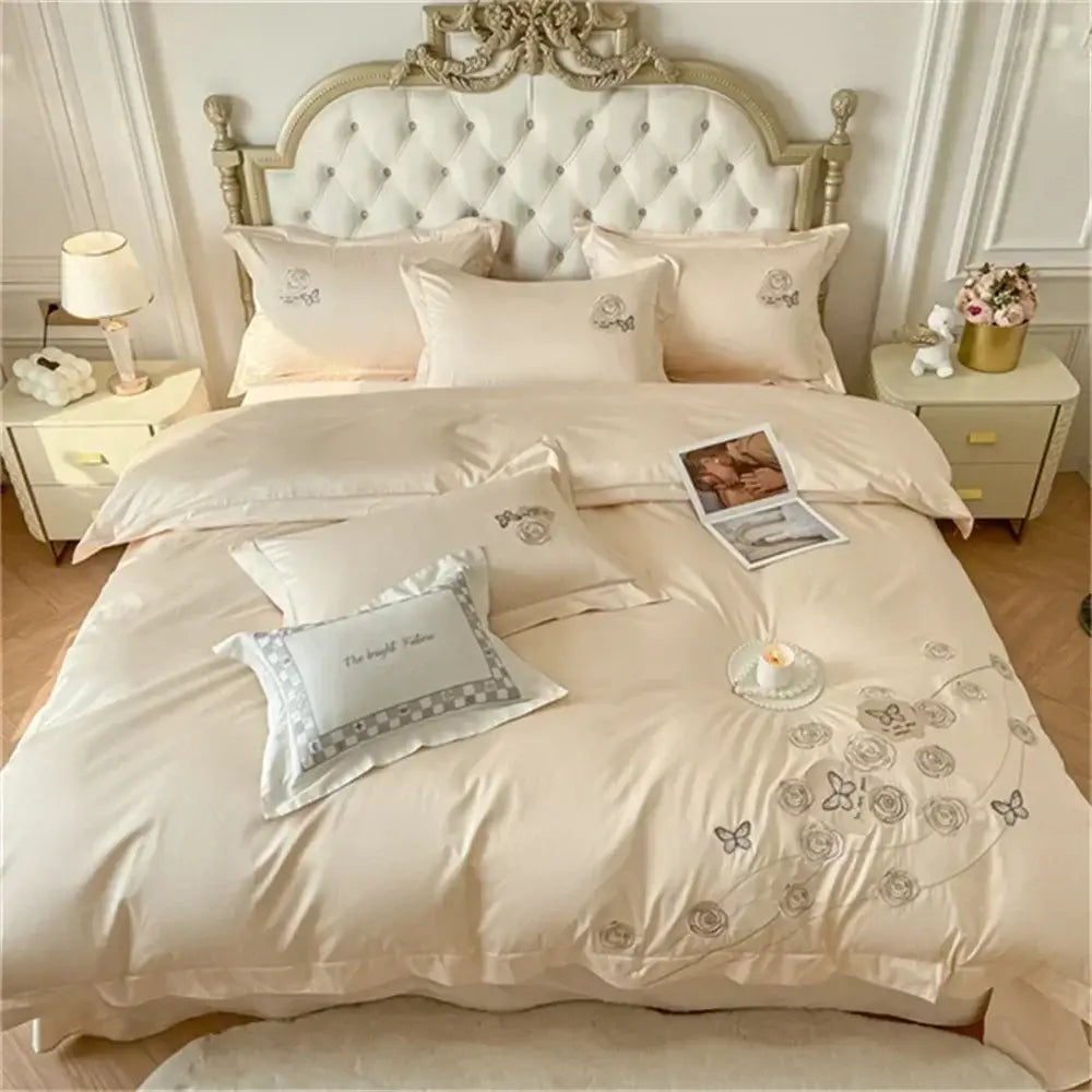 Embroidered blue butterfly flower egyptian cotton duvet cover set bedroom