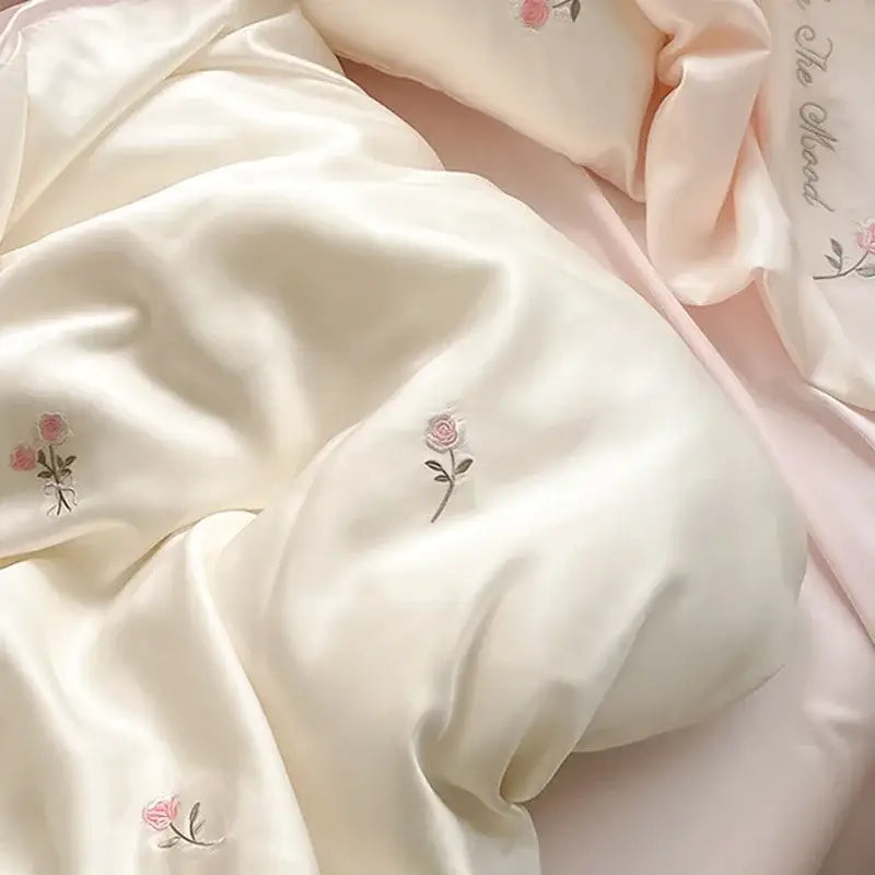 Embroidered cream satin ice silk bedding sets for bedroom sleep
