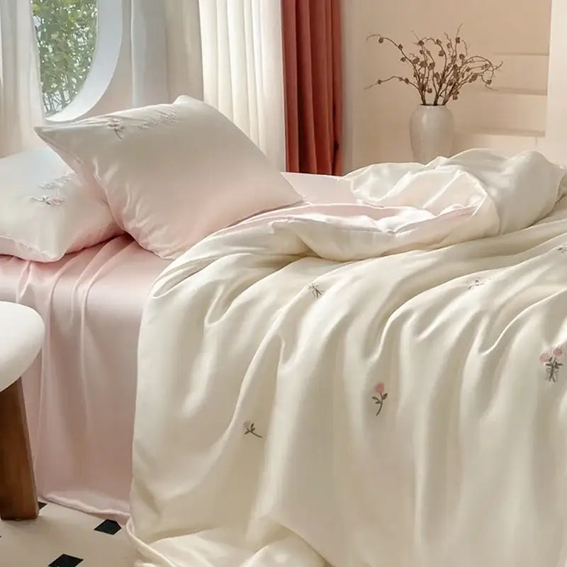 Embroidered cream satin ice silk bedding sets for bedroom sleep