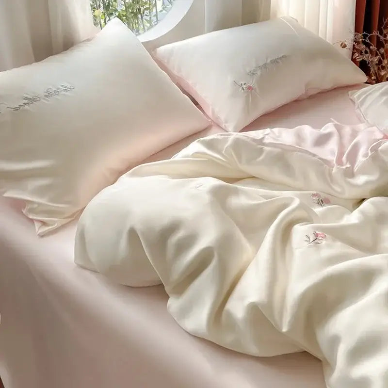 Embroidered cream satin ice silk bedding sets for bedroom sleep