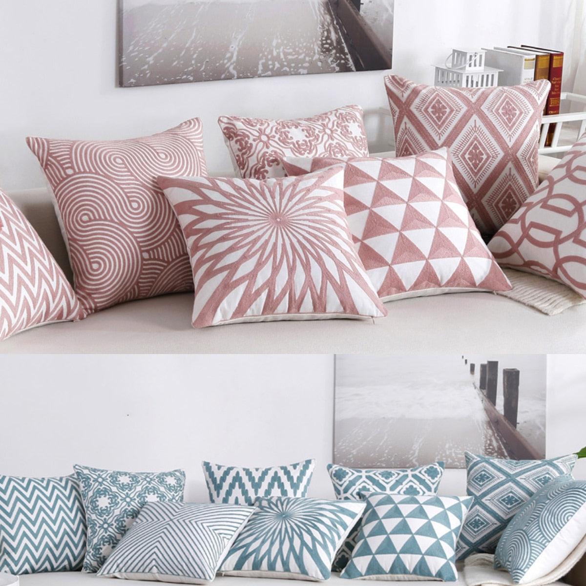 Embroidered Geometric Pillow Cover 100% Cotton Woolen Cushion Cover Modern Nordic Style Pink Blue Pillow Cover For Home Decor Embroidery Cushion Cover Decorative Throw Pillow Cover Geometric Invisible Pillow Cover for Living Room 45X45CM