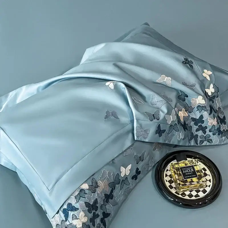 DecorBites™ Butterflies Embroidery Bedding Set - King Queen Ru Size Bed Linens Sheet Pillowcase Comforter Cover Set