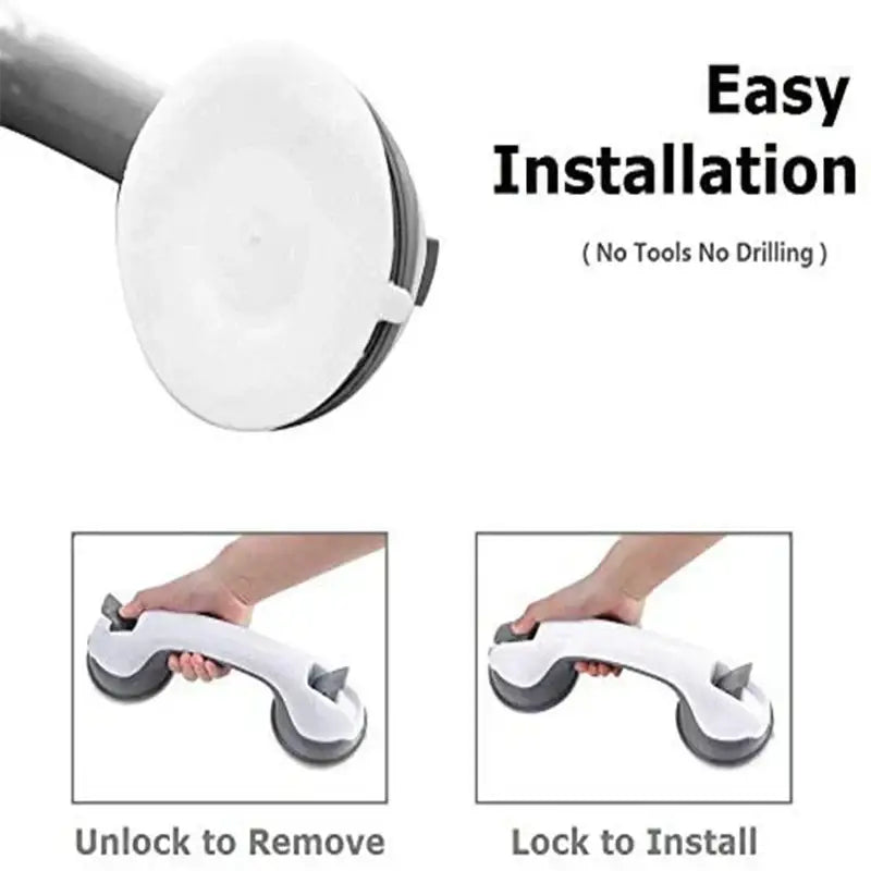 Ergonomic white & gray bathroom safety handle suction cup grab bar