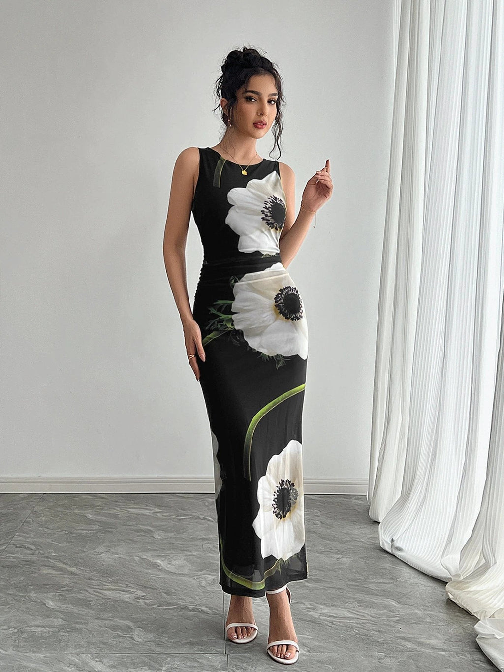Women's Black Mesh Floral Print Sleeveless Dress Long Dress