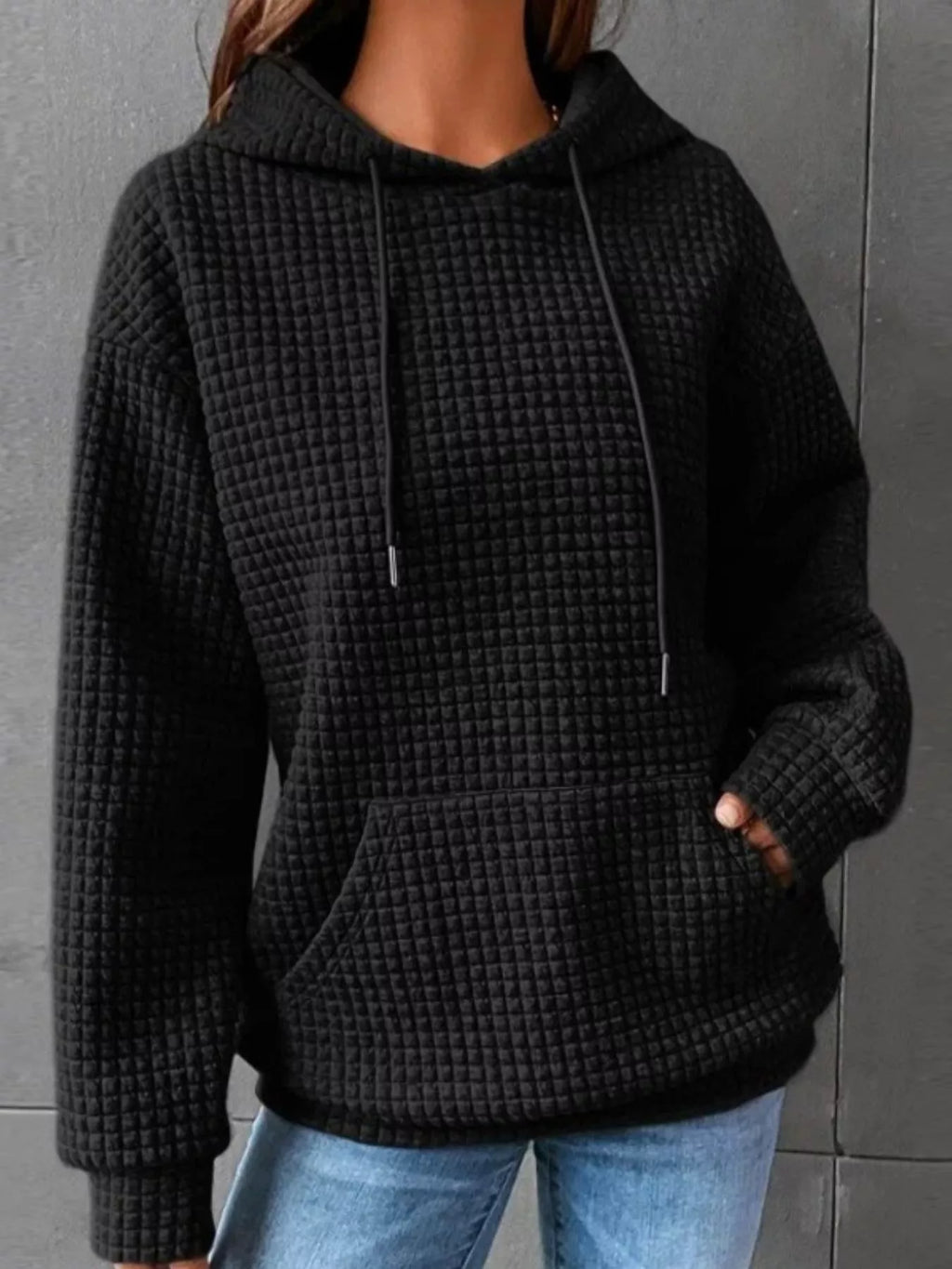 Full Size Textured Kangaroo Pocket Hoodie Plus Size