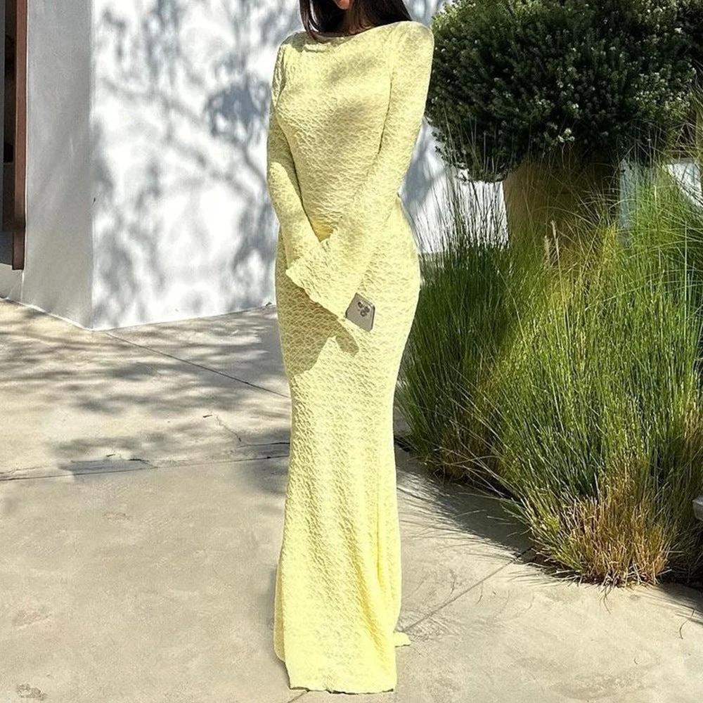 Backless Solid Color Flared Long Sleeve Round-neck Long Dress