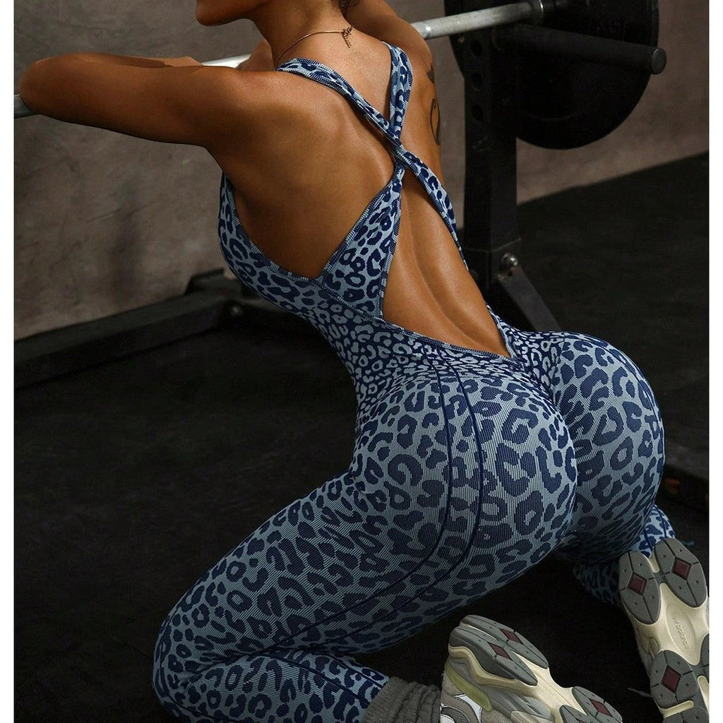 Seamless Cross-design Leopard-print Hollow-out One-piece Bodysuit