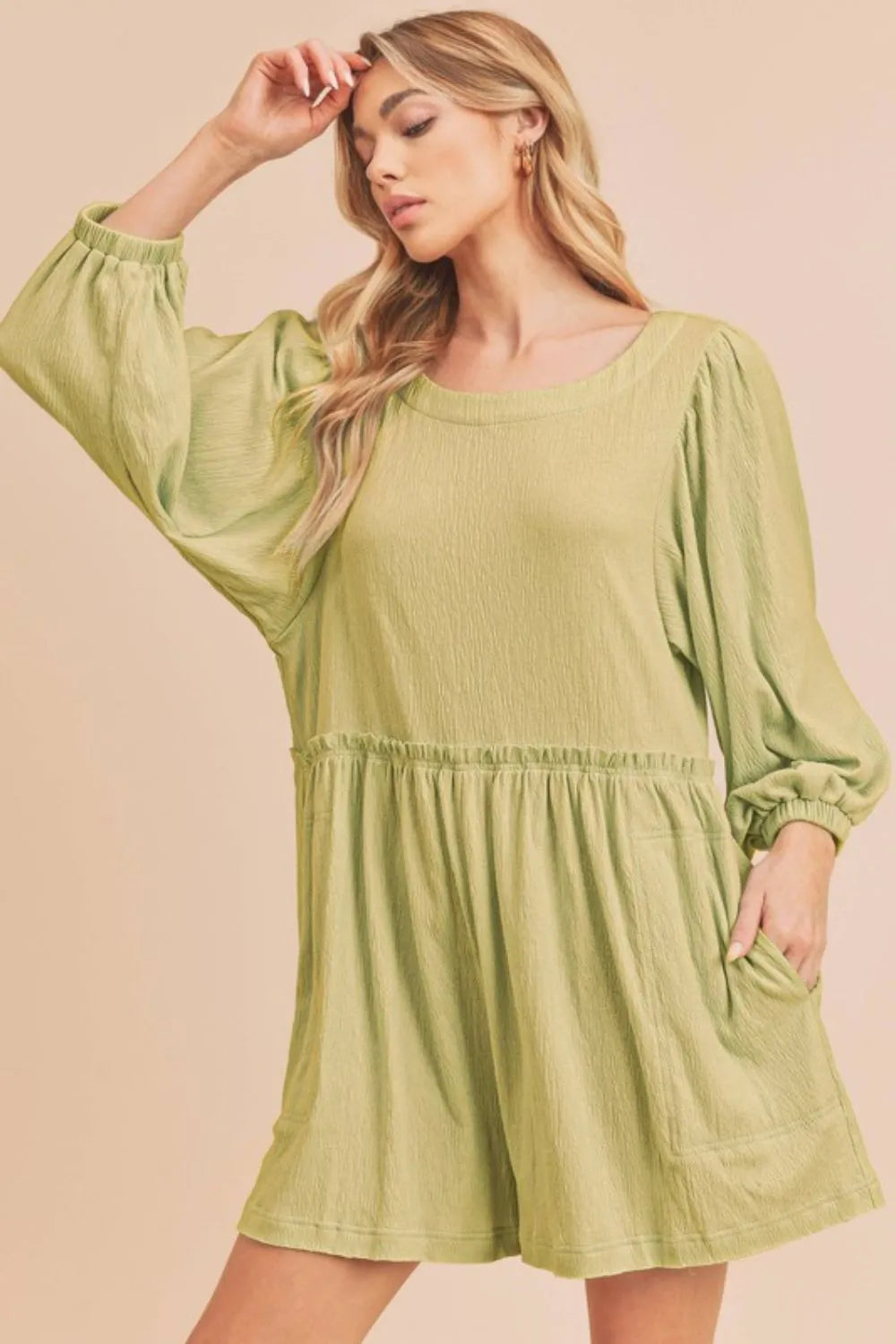 Aemi + Co Frill Round Neck Long Sleeve Romper with Pockets