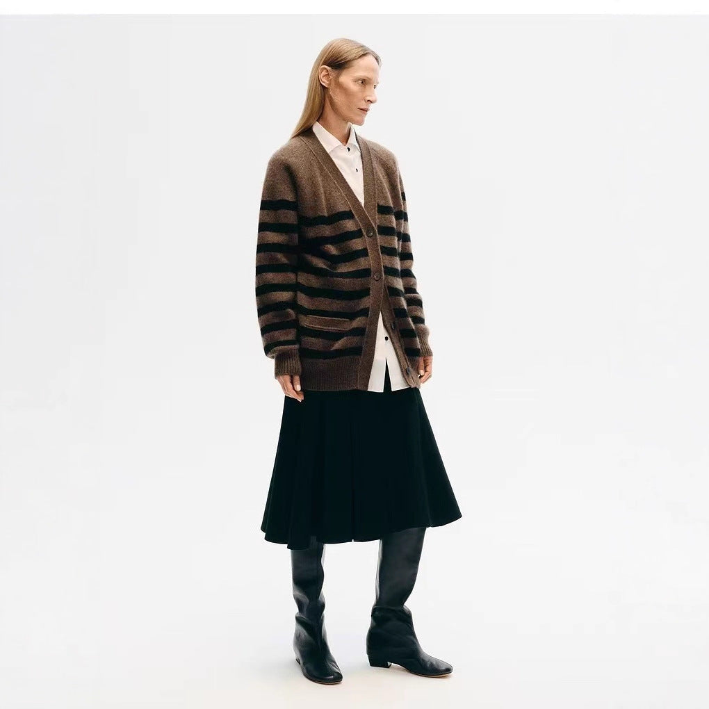 Womens Striped Wool Color-Block Knitted Cardigan Coat