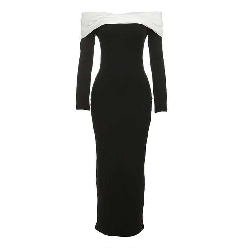 Off-shoulder Long Sleeve High Waist Slim Fit Dress Women