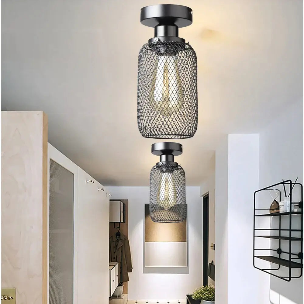 DecorBites™ Black Metal Cage Farmhouse Ceiling Light, E27 Base for Hallway, Porch, Bedroom