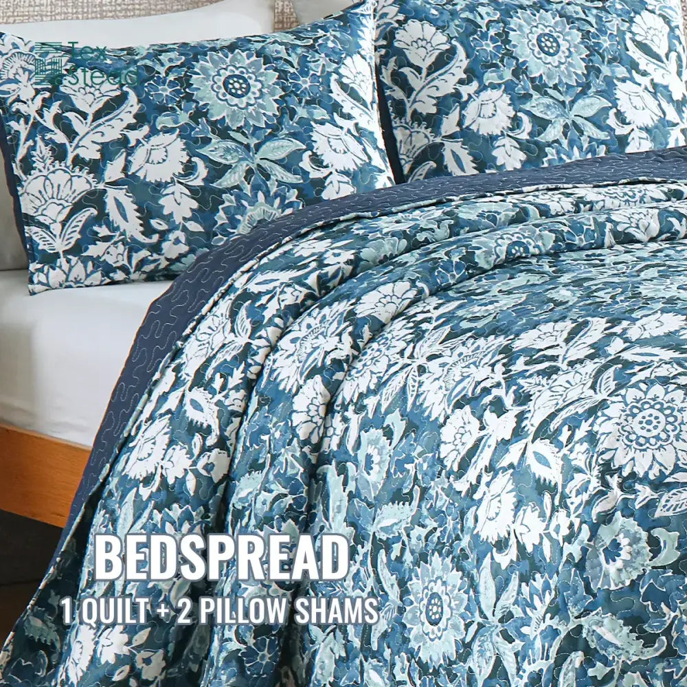 DecorBites™ Blue Floral Quilted Bedding Set - Farmhouse Style All Seasons - 3 Piece