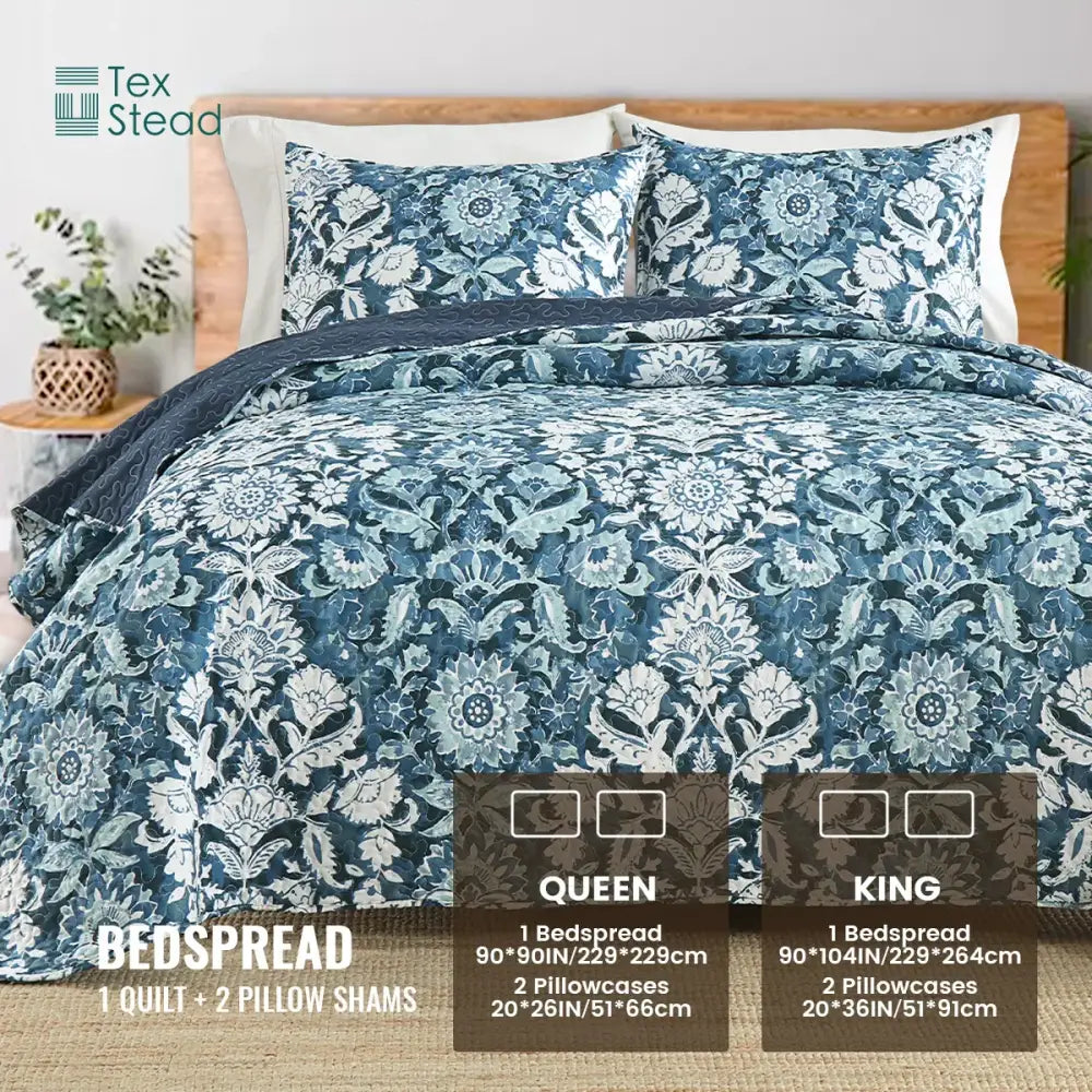 DecorBites™ Blue Floral Quilted Bedding Set - Farmhouse Style All Seasons - 3 Piece