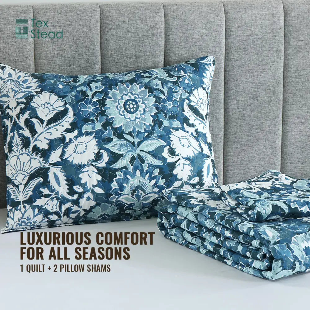 DecorBites™ Blue Floral Quilted Bedding Set - Farmhouse Style All Seasons - 3 Piece