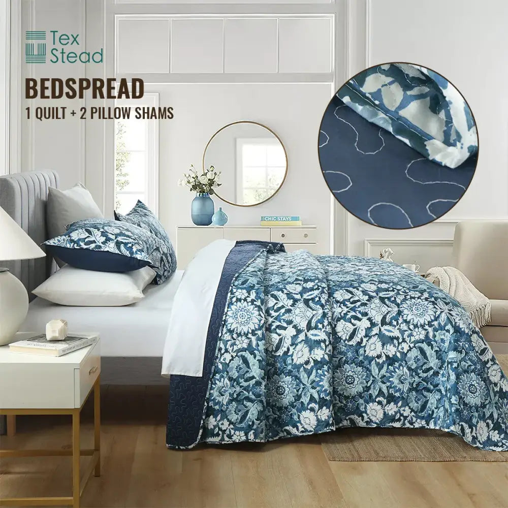 DecorBites™ Blue Floral Quilted Bedding Set - Farmhouse Style All Seasons - 3 Piece