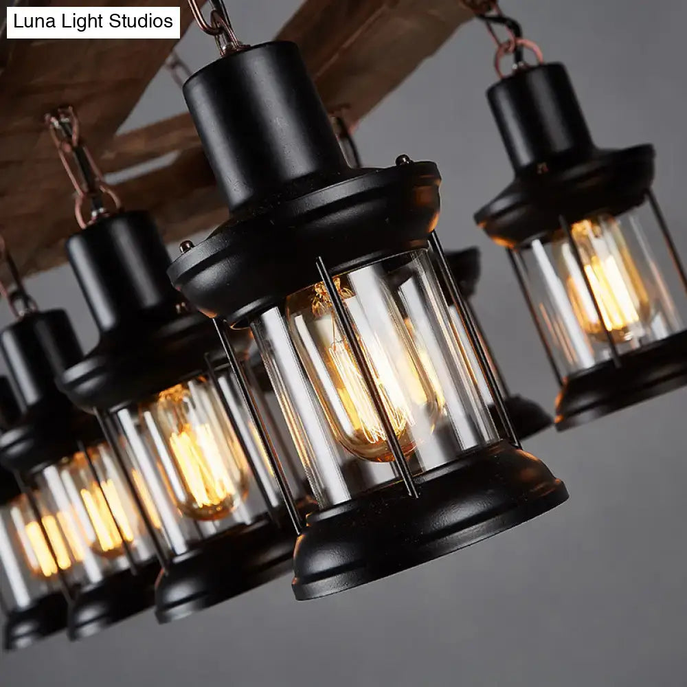 Farmhouse wood and black clear glass lantern kitchen island light