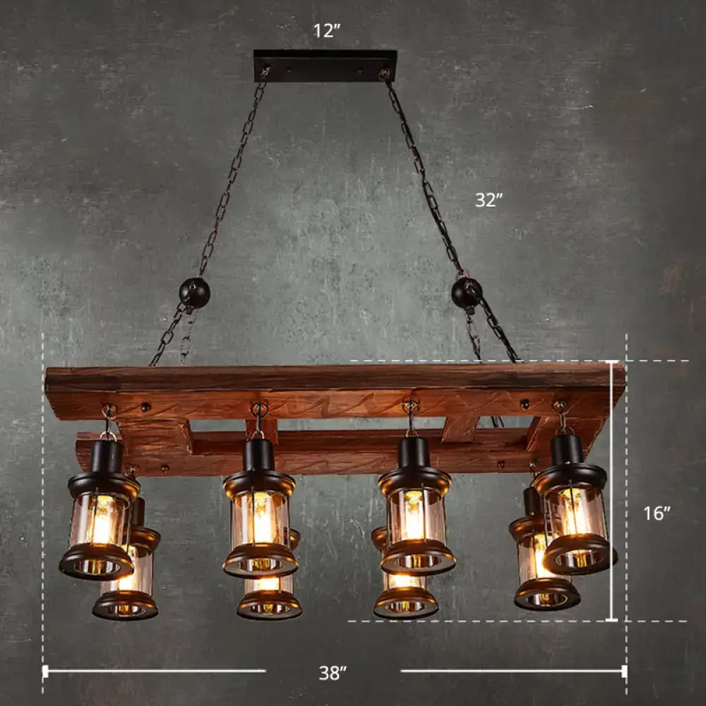Farmhouse wood and black clear glass lantern kitchen island light