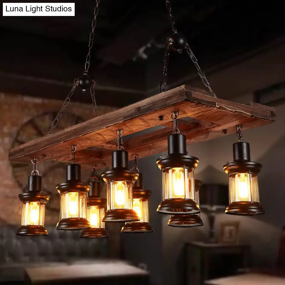 Farmhouse wood and black clear glass lantern kitchen island light