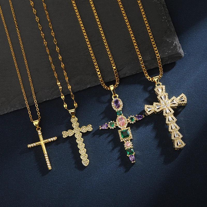 Gold Tone Zircon Cross Necklace For Men