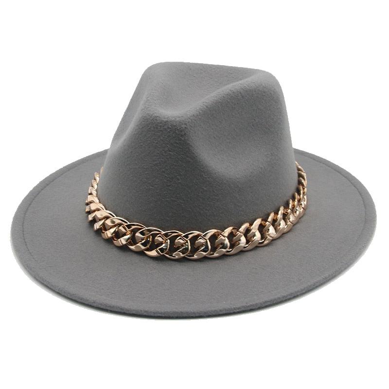 Fedora Hats for Women Men Wide Brim Thick Gold Chain Metal Chain Buckle Fedora Hat Classic Wide Brim Floppy Hat Warm Vintage Cap Winter Autumn Lightweight Luxury Hat