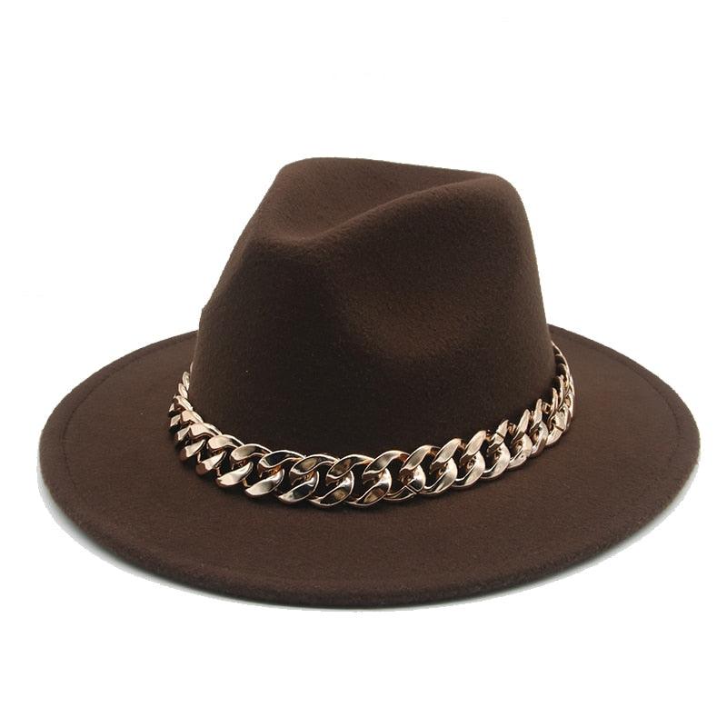 Fedora Hats for Women Men Wide Brim Thick Gold Chain Metal Chain Buckle Fedora Hat Classic Wide Brim Floppy Hat Warm Vintage Cap Winter Autumn Lightweight Luxury Hat
