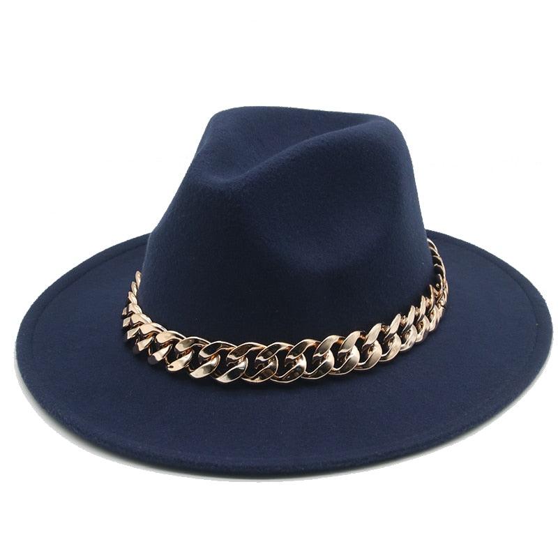 Fedora Hats for Women Men Wide Brim Thick Gold Chain Metal Chain Buckle Fedora Hat Classic Wide Brim Floppy Hat Warm Vintage Cap Winter Autumn Lightweight Luxury Hat
