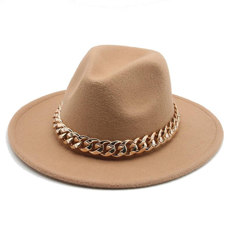 Fedora Hats for Women Men Wide Brim Thick Gold Chain Metal Chain Buckle Fedora Hat Classic Wide Brim Floppy Hat Warm Vintage Cap Winter Autumn Lightweight Luxury Hat